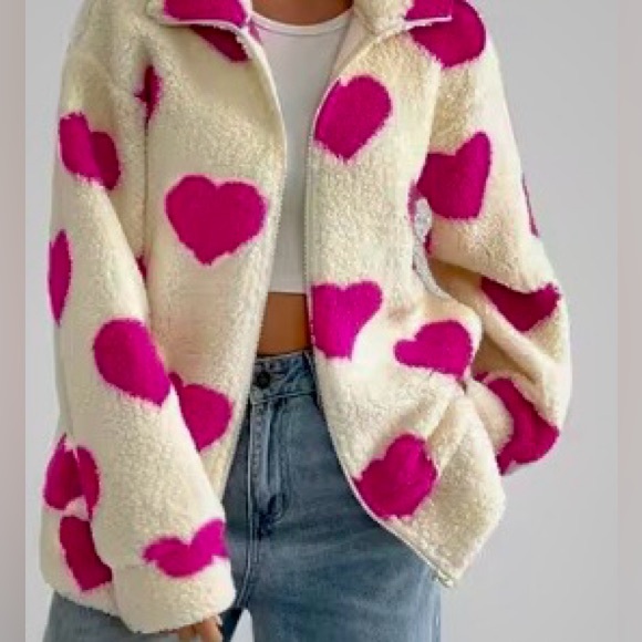 Jackets & Blazers - NEW Love All Over Hot Pink Heart Sherpa Fleece Zip Jacket With Pockets Sz Medium